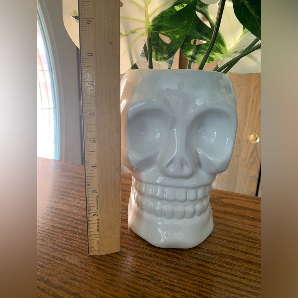 Skull ceramic white vase Variegated monstera leaves bundles halloween - Picture 3 of 9